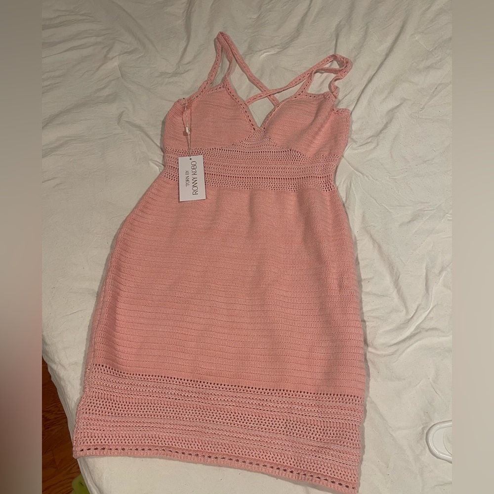 Pink crochet mini dress. New with tags